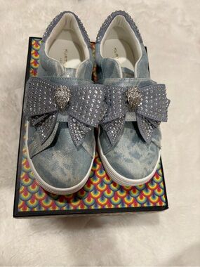 Kurt Geiger Kids Denim Light Blue Bow Slip-On Sneakers with Crystal Accents